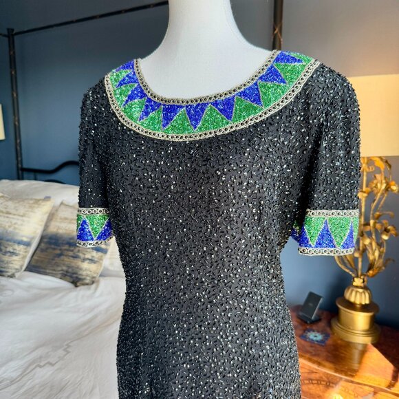 80s Vintage Niteline by Della Roufogali Beaded Sequin Mini Dress - Picture 1 of 16